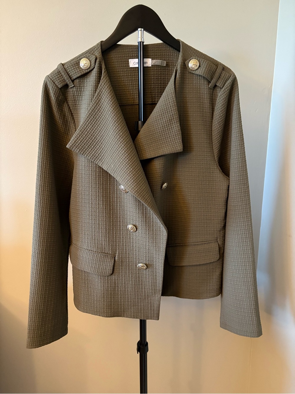 Calvin Klein Size Large Olive Green Open Front Jacket with Gold Buttons
